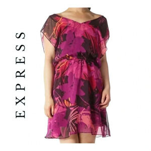 EXPRESS MULTICOLOR FLORAL‎ PRINT CINCHED WAIST DAY DRESS SIZE SMALL FULLY LINED